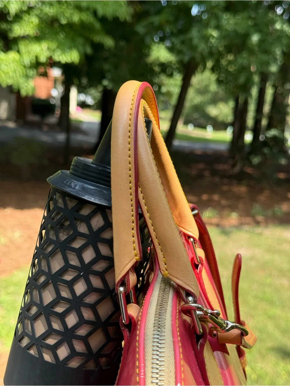 Dooney & Bourke coral Patent Satchel with Tan Trim